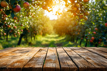 Canvas Print - Wooden bench is in front of beautiful orchard with sun shining on it.