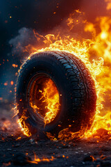 Poster - Tire is on fire and is surrounded by flames.