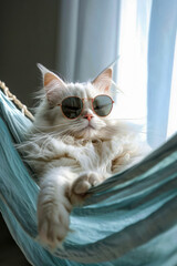 Sticker - White cat with sunglasses on and hammock around it.