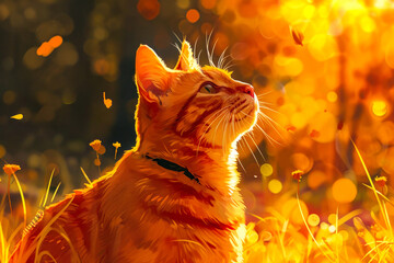 Poster - Cat with long whiskers sits in field of flowers looking up.