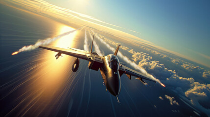 Wall Mural - View of a fighter jet above the clouds?