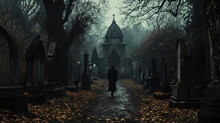 Silhouette Of Man Walking At Cemetery At Night. Horror Halloween Concept