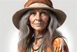 an isolated senior woman retro vintage hippie with headband bandana and hippie clothes  from the 1960s and 1970s