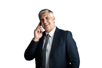 Canvas Print - Mature, businessman and phone call for communication of deal, happy and connection in corporate job. Senior management, executive and talking on cellphone and isolated on transparent png background