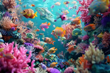  Vibrant underwater scene with colorful tropical fish swimming among vivid coral reefs.