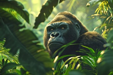 Wall Mural - Majestic gorilla in natural habitat, surrounded by lush green foliage with soft lighting.