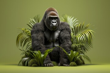 Sticker - Majestic gorilla sitting amidst lush greenery on a solid green background, displaying wildlife in a serene setting.