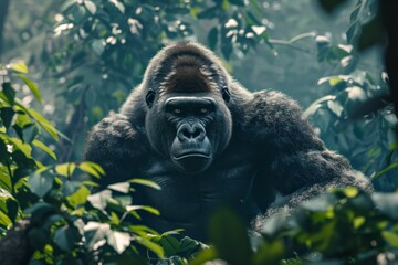 Wall Mural - Majestic silverback gorilla in misty jungle, gazing intently through foliage.