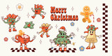 Fototapeta Pokój dzieciecy - Merry Christmas. A set of retro characters in a cartoon style groovy. Atmosphere of the 60's and 70's. Merry Christmas and Happy New Year. Vector illustration