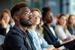 © Iftikhar alam - Group of People Sitting in a Row on the Park Bench, Business people in a conference hall listening to a presentation, AI Generated