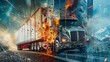 movie poster. A collage of multiple banners featuring a semi-trailer truck. Each large diagonally curved panel captures an individual epic action scene.
