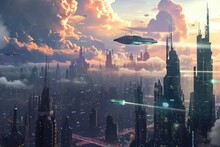 A high-tech metropolis with towering skyscrapers and advanced infrastructure, featuring a flying saucer hovering in the atmosphere, Cities of the future with advanced technology, AI Generated