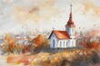 Illustration einer kleinen Kirche in einem Dorf 