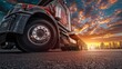 © Zahid - front of a parked semitruck under a dusk sky. truck wheels.Transportation of freight trucks in industry. Auto service shop