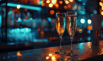  two glasses of champagne sitting on a bar counter. The glasses are filled with champagne, and they are sitting on a bar counter