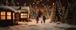 A miniature man and a miniature woman standing in front of miniature Christmas tree with decoration Beautiful snow top view with snowy landscape and trees on a Christmas themed