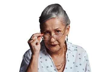 Senior woman, portrait and glasses for thinking in retirement and judgement with trendy prescription eyewear. Old lady, face or funky spectacles for eyecare or isolated on transparent png background