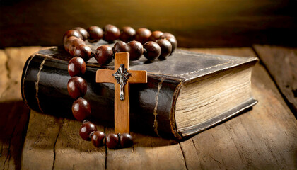 Wall Mural - Closeup of a wooden religious cross and a rosary beads, old Holy Bible, above an old wooden table with copy space. Concept of prayer and Christian religion. Generative Ai.