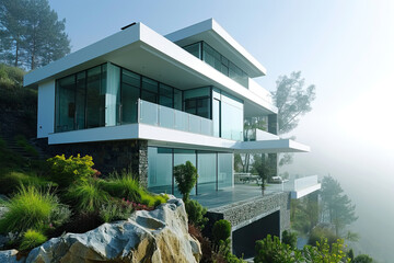 A modern luxurious house in serene nature. the background is relatively muted with fog.