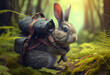 Curious Easter bunny with binoculars and backpack in the forest