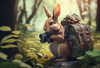 Curious Easter bunny with binoculars and backpack in the forest