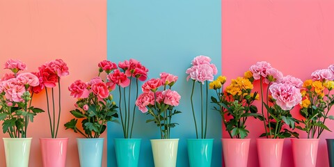 Wall Mural - A vibrant display of pink flowers in vases against a colorful backdrop. Concept Floral Arrangements, Colorful Backdrop, Vibrant Pink Flowers, Vases, Decorative Display