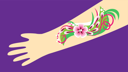 Poster - Hands with floral ornament. Vector illustration on a purple background.