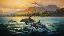 A Painting Of Three Dolphins Swimming In The Ocean.