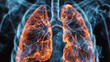 3D illustration of a human respiratory system with detailed lungs and bronchi highlighted by smoke.