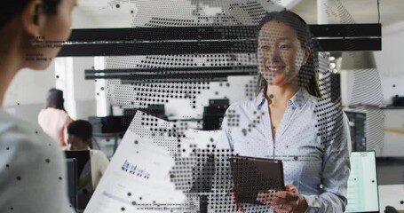 Wall Mural - Animation of world map and data processing over diverse business people in office