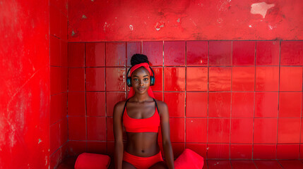 Wall Mural - Black woman wearing a red bikini and headphones in a red tiled public bathroom