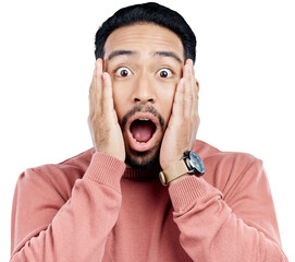 Canvas Print - Portrait, man or open mouth in shock and touching face with wow or omg for surprise announcement. Indian male person with hands to head for exciting wtf news or isolated on transparent png background