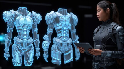 Wall Mural - Woman interacting with futuristic holographic armor design on digital interface tablet.