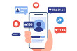 © LittleBlue - Hand holding mobile phone with Social media app. like, follower, comment. Vector illustration