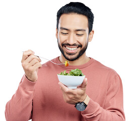 Wall Mural - healthy, man and eating salad for wellness with happiness, vegetables and nutrition for weightloss. 