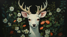 A White Deer With Flowers And Leaves Around.