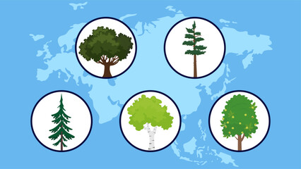 Sticker - Set of tree icons. Vector illustration in flat style. Isolated on blue background.