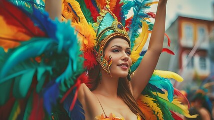 Beautiful Brazilian woman wearing colorful Carnival costume. Samba carnival dancer in feathers costume. Exotic street parade in city, celebrating party. Bright tropical colors