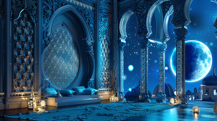 Ramadan kareem eid islamic greeting background. with blue decoration