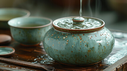 Wall Mural - texture of a traditional korean celadon teapot showcasing the smooth jadelike surface and the subtle