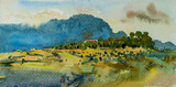Fototapeta Nowy Jork - Travel rural village beautiful farm scenery in Thailand. Watercolor landscape original paintings.