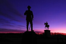  Monument To General  John Buford In Of The Equestrian Monument Of  General John Fulton Reynolds Along Chambersburg Pike  In Gettysburg National Park, Pennsylvania,  Against A Dramatic  Winter Sunrise
