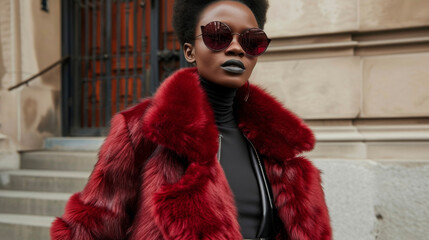 a showstopping burgundy faux fur coat paired with a simple black turtleneck and leather pants drawin