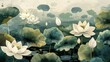 Illustration of white lotus flowers and leaves on a pond.
