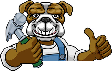 Poster - A bulldog cartoon animal mascot carpenter or handyman builder construction maintenance contractor peeking around a sign holding a hammer and giving a thumbs up