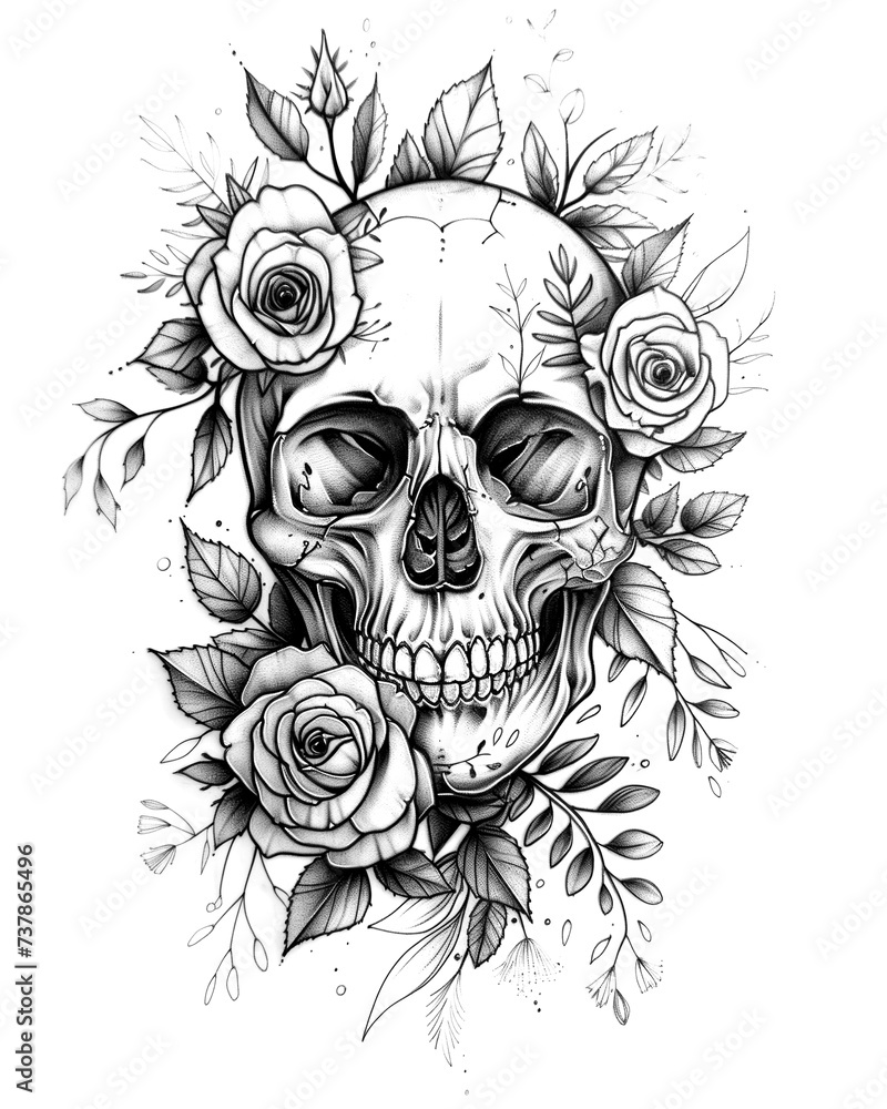Human skull with flowers. Black and white illustration. Illustration ...