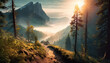 landscape, sunrise in the mountains, fog swirling in the wind