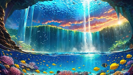Wall Mural - The beauty of a underwater waterfall in fantasy. Paradise. Colorful coral reefs