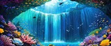 Fototapeta Do akwarium - The beauty of a underwater waterfall in fantasy. Paradise. Colorful coral reefs