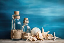 Sea Shells Blue Background, Seashells, Rope And Bottles Mockup In Rustic Style Texture, Wood